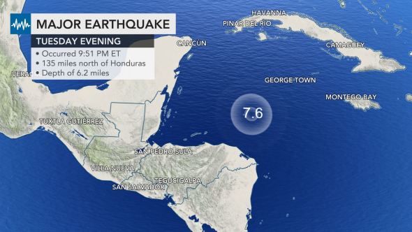 Major Earthquake Strikes Caribbean Between Honduras and the Cayman Islands ... Tsunami Warning Extends Out 621 Miles From Epicenter