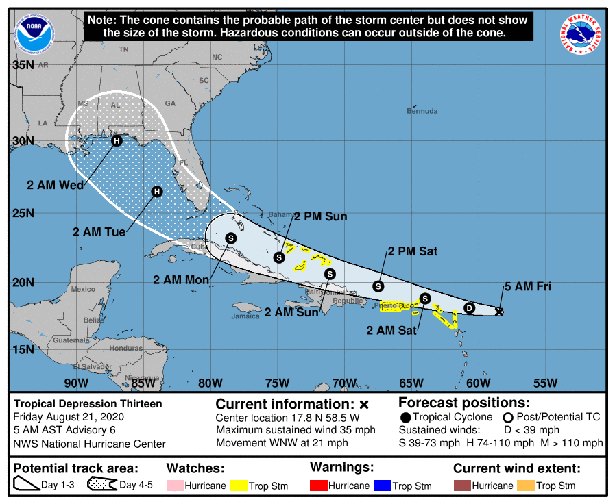 Tropical Depression 13 Projected To Be Near U.S. Virgin Islands At 2 a.m. Saturday