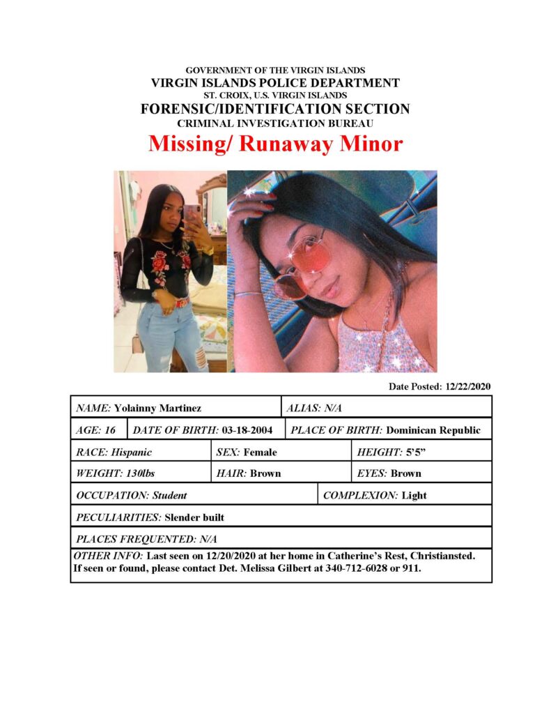Police Need Your Help To Find Missing 16-Year-Old Girl Yolainny Martinez On St. Croix: VIPD
