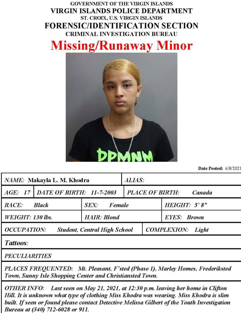 AMBER ALERT: St. Croix Teenager Makayla Khodra Missing For Nearly 3 Weeks: VIPD