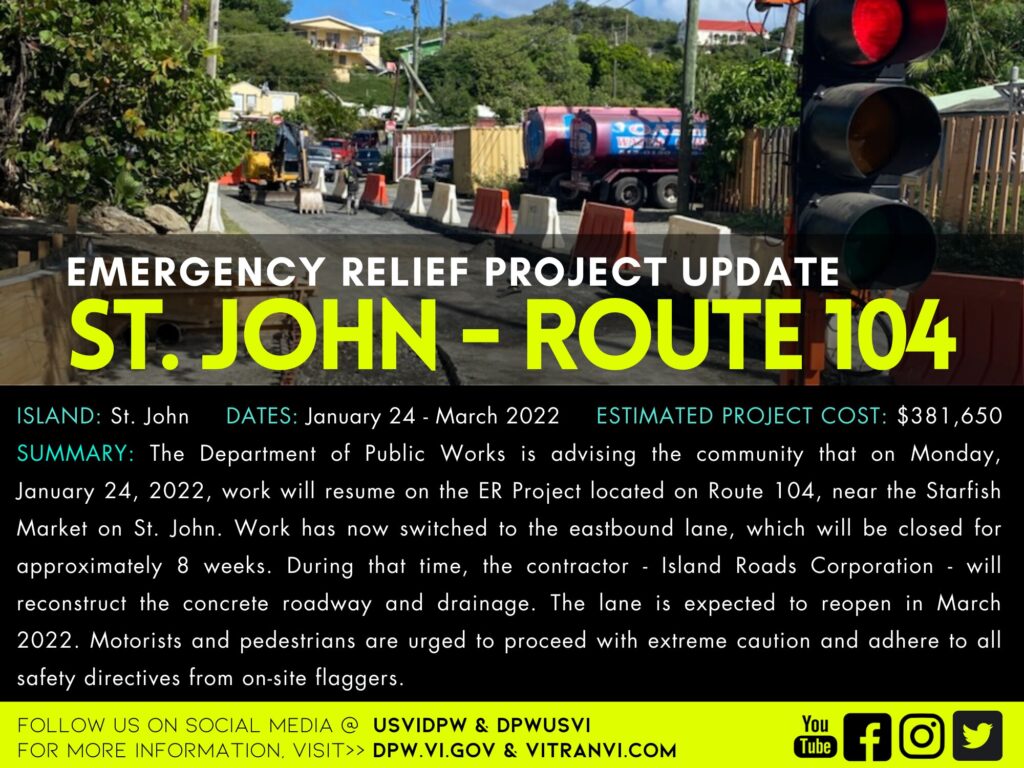 Road Work Will Continue On Route 104 Near Starfish Market In St. John Monday