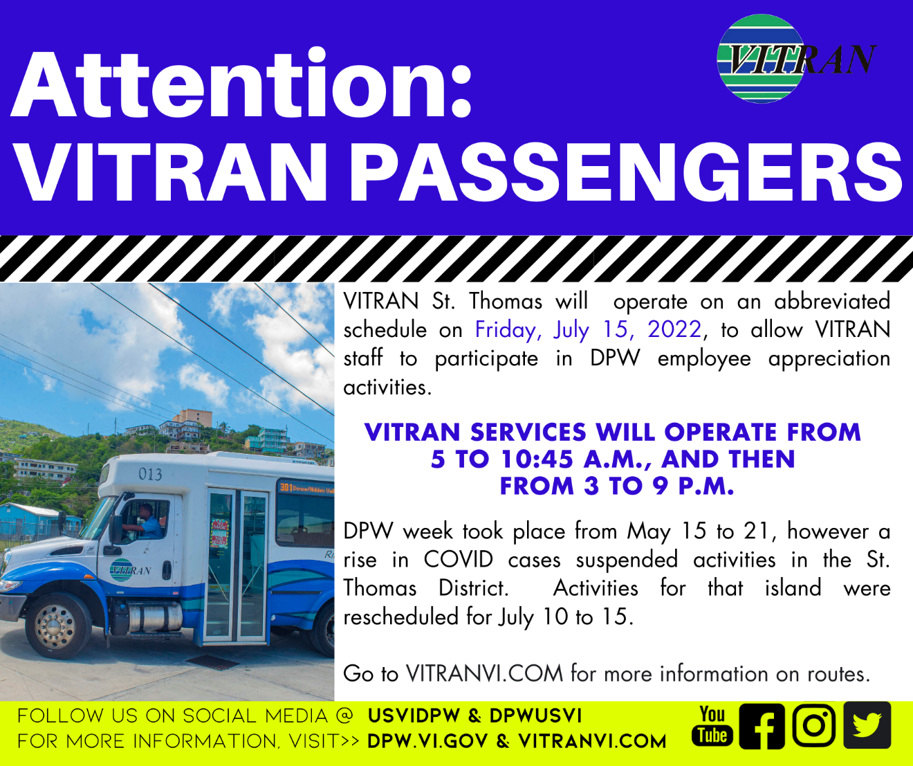 VITRAN Reduces Bus Schedule During DPW Week On St. Thomas