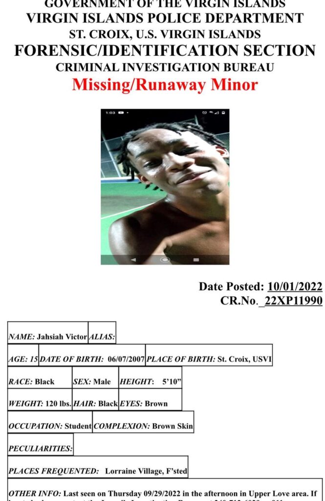 Help Police Find Missing Minor Jahsiah Victor On St. Croix