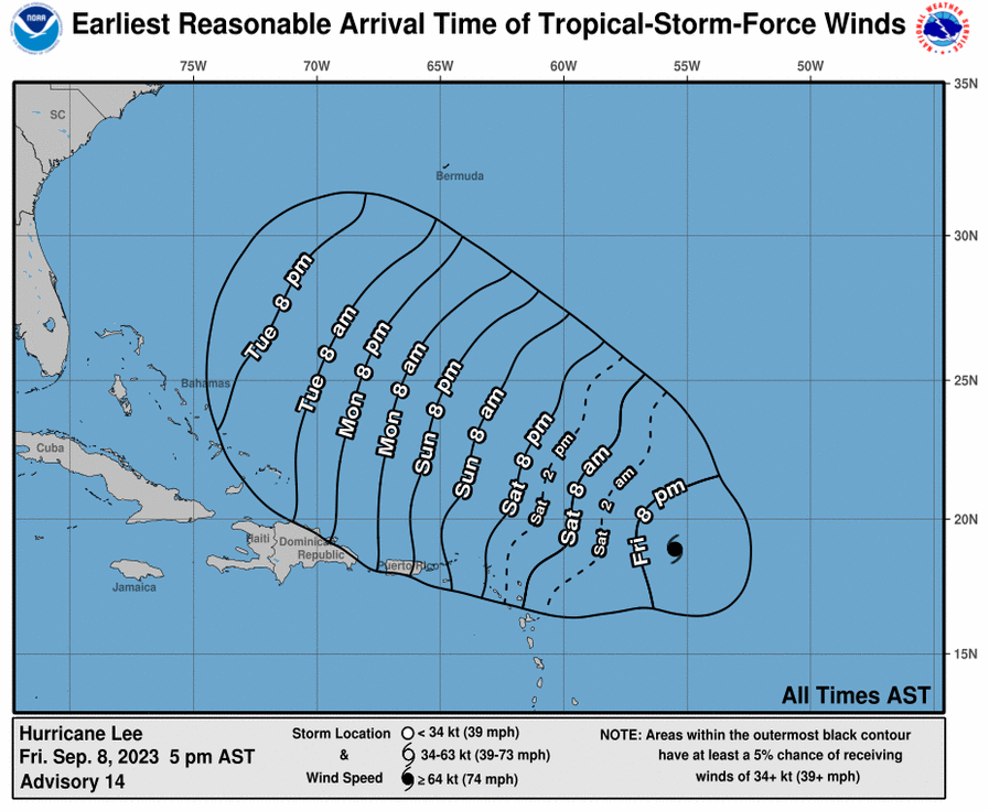 Hurricane Lee To Pass North of the U.S. Virgin Islands and Puerto Rico on Sunday