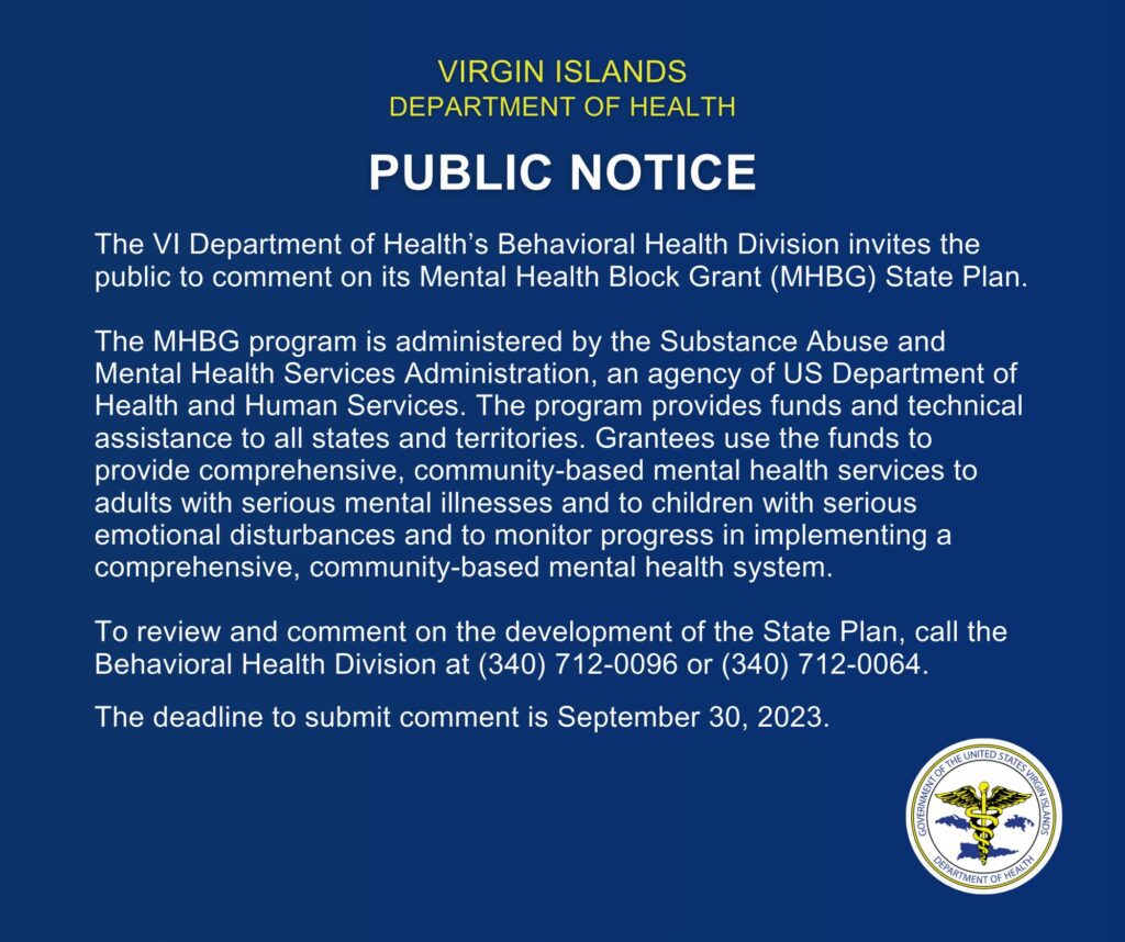VIDOH Seeks Public Comment On Its Mental Health Block Grant State Plan