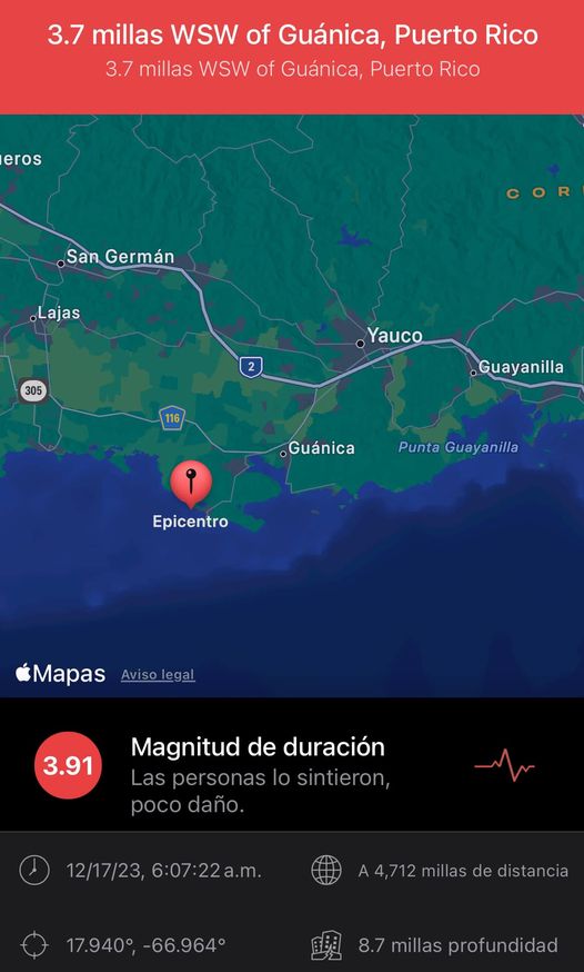 3.9 Magnitude Earthquake strikes Puerto Rico near Guánica