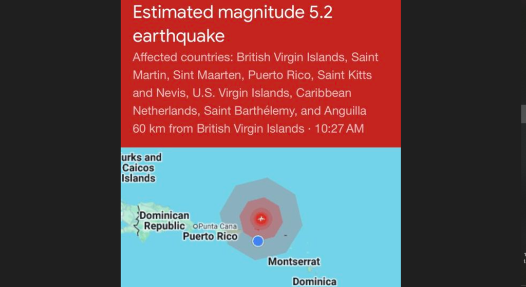 British Virgin Islands: Magnitude-5.2 offshore earthquake strikes north of Anegada today