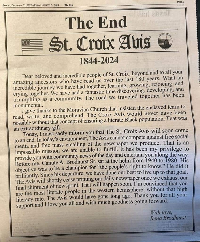 After 180 Years, the St. Croix Avis Calls It Quits