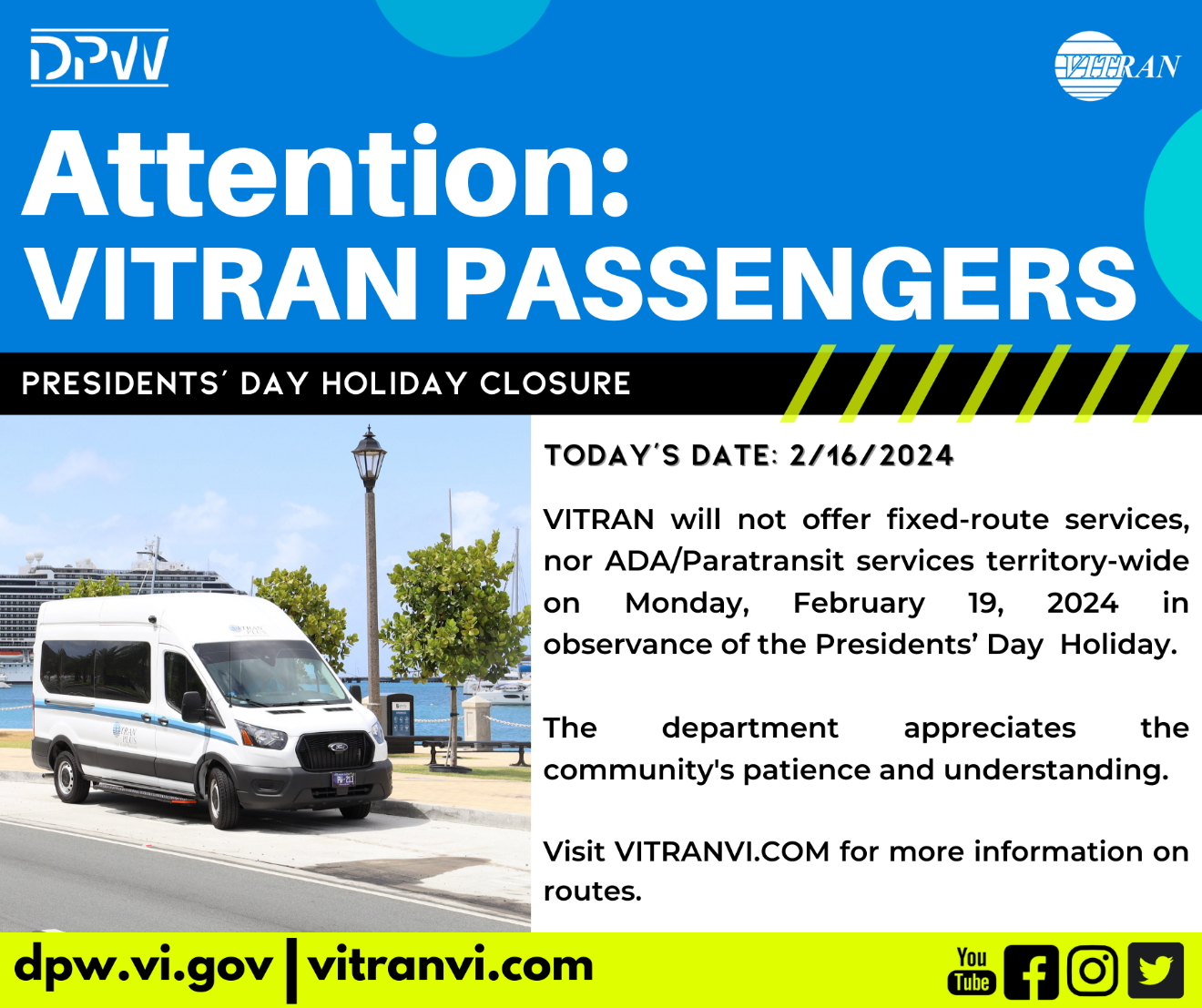 No bus service on President's Day, VITRAN says