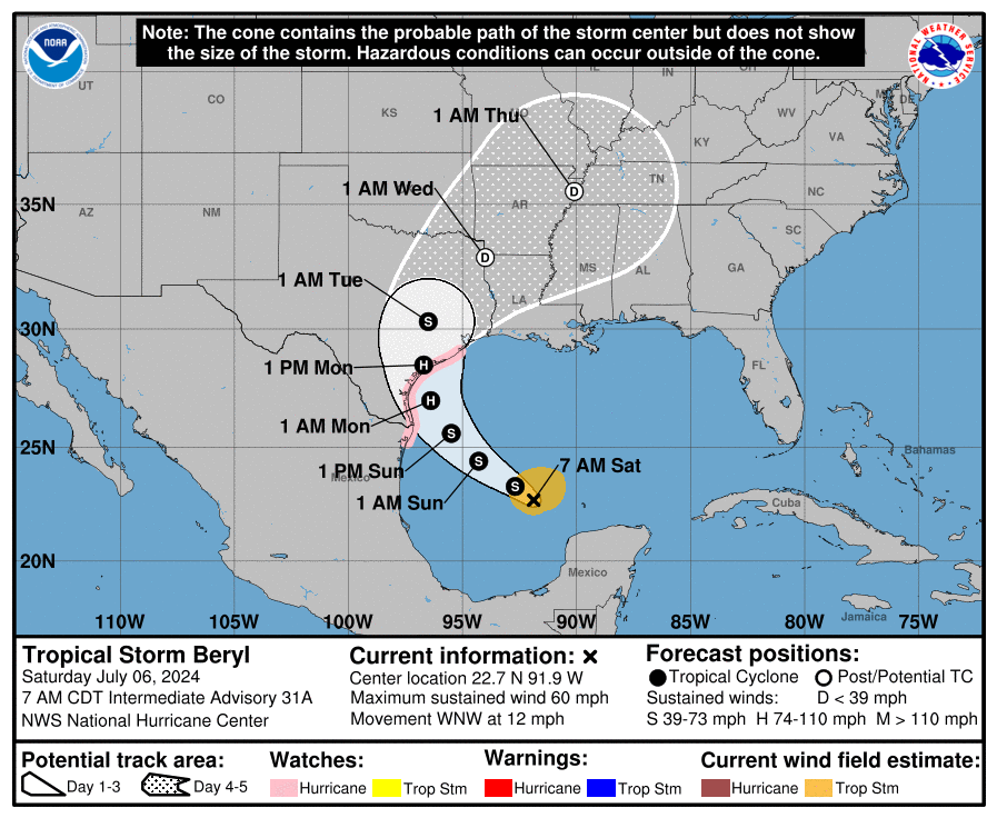 Beryl moves into Gulf of Mexico, could reach Texas by tomorrow as hurricane