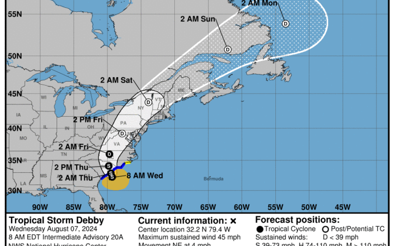 Tropical Storm Debby to make second landfall in the US in South Carolina