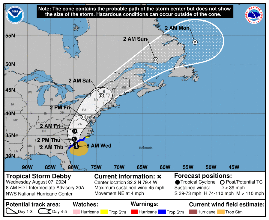 Tropical Storm Debby to make second landfall in the US in South Carolina