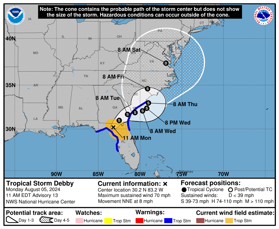 Hurricane Debby makes landfall in Florida while tropical waves lurk behind