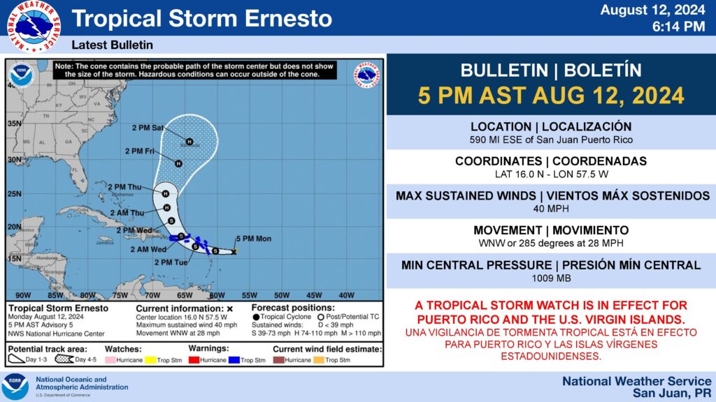 Tropical Storm Ernesto looms as a rain threat to the USVI and Puerto Rico