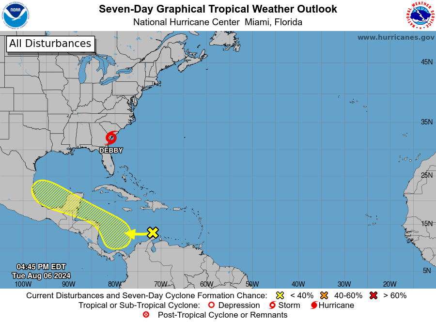 Tropical wave pushes northwest towards Cancun; Tropical Storm Debby over Georgia