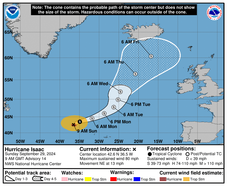 Hurricane Isaac and Tropical Storm Joyce move through the open Atlantic