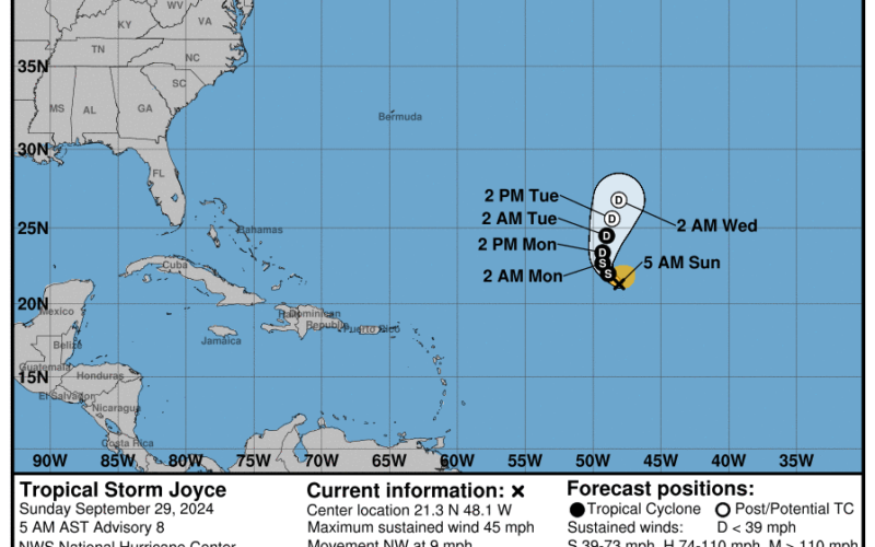 Hurricane Isaac and Tropical Storm Joyce move through the open Atlantic