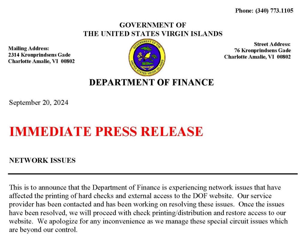 'Network issues' prevent Department of Finance from printing government checks