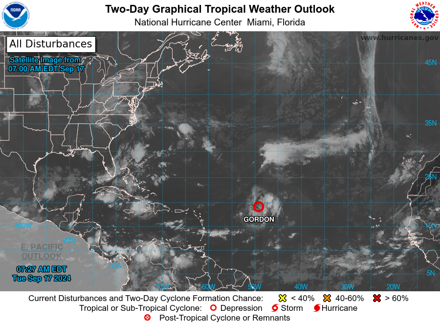 Tropical Storm Gordon continues to churn in the Atlantic