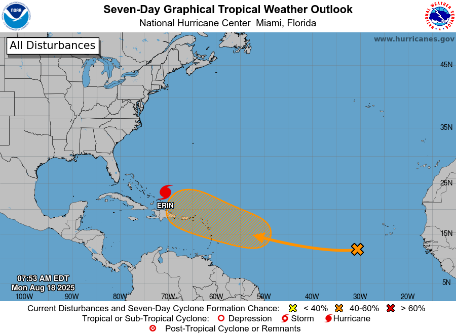 St. Croix: Partly sunny with a thunderstorm in spots, high 91