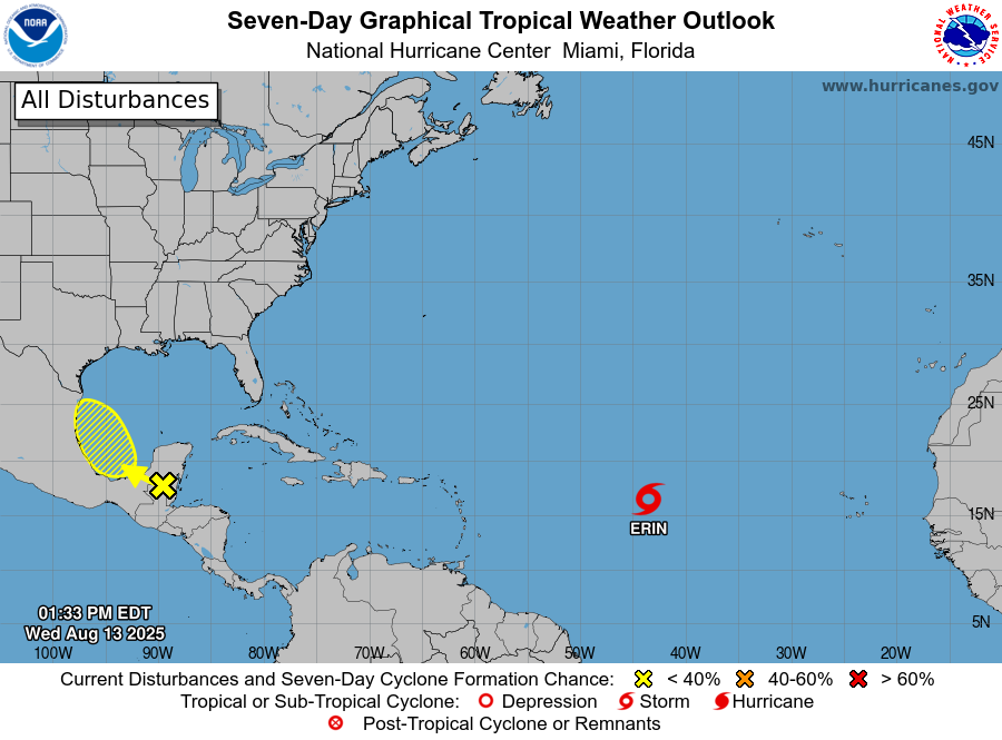 St. Croix: Cloudy with a touch of rain, potential for impact from Erin this weekend, high 91