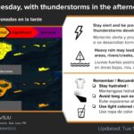 Times of sun and clouds with a passing morning shower or two, high 90