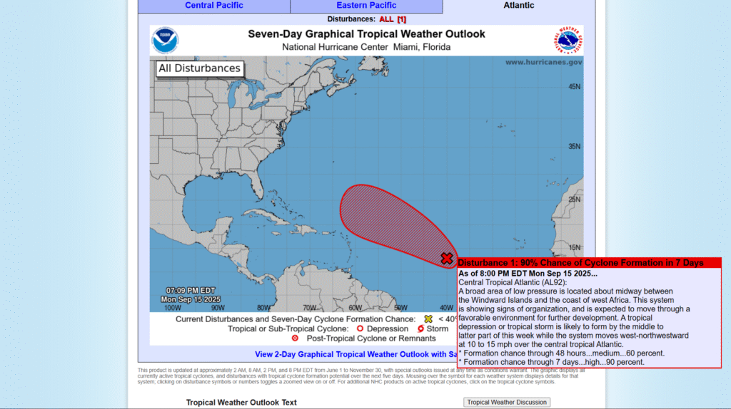 Invest 92-L forms in the central Atlantic