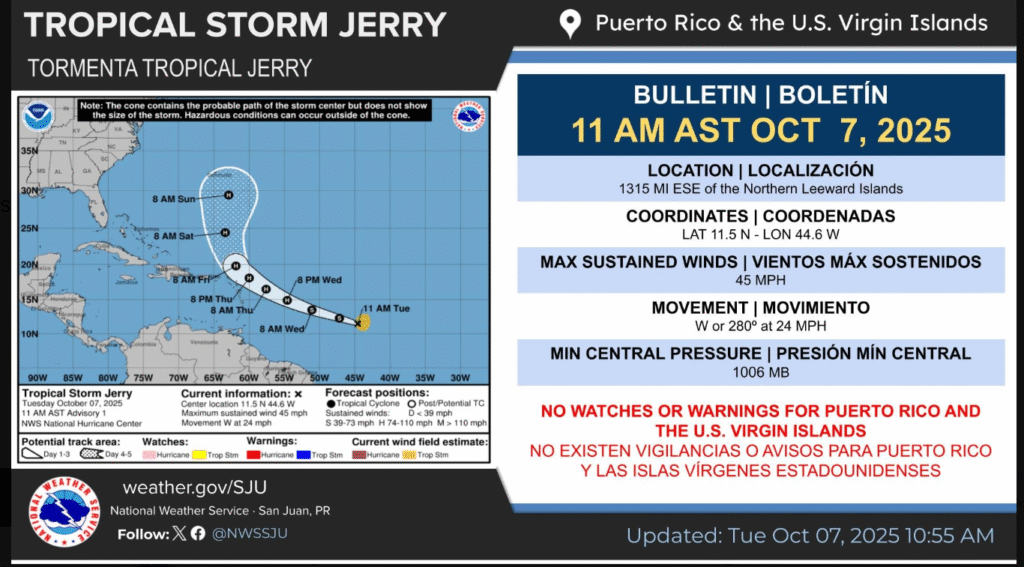 St. Croix: Mostly cloudy with a little morning rain, high 90