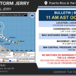 St. Croix: Mostly cloudy with a little morning rain, high 90