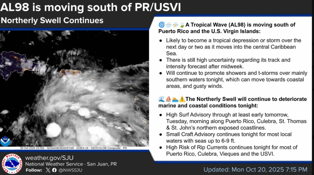 Invest 98-L moves south of the USVI and Puerto Rico