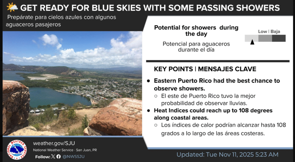 Blue skies ahead, with a shower in places this afternoon, high 89