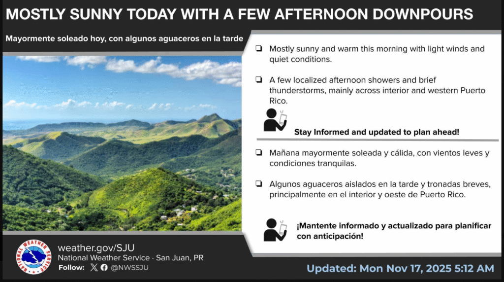 Sun and clouds with a couple of showers late in the day, high 89