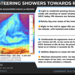 Partly sunny and breezy with a passing shower or two, high 86