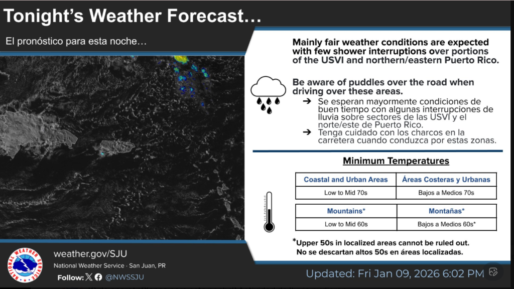 St. Croix will see mainly clear conditions tonight, low 70
