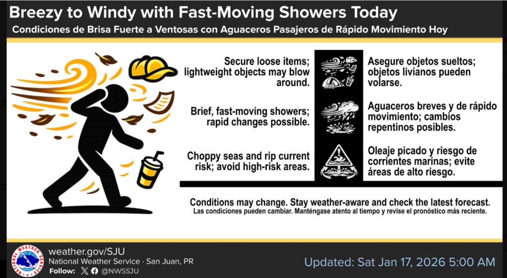 Partly sunny and windy with a brief shower or two this morning, high 89