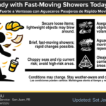 Partly sunny and windy with a brief shower or two this morning, high 89